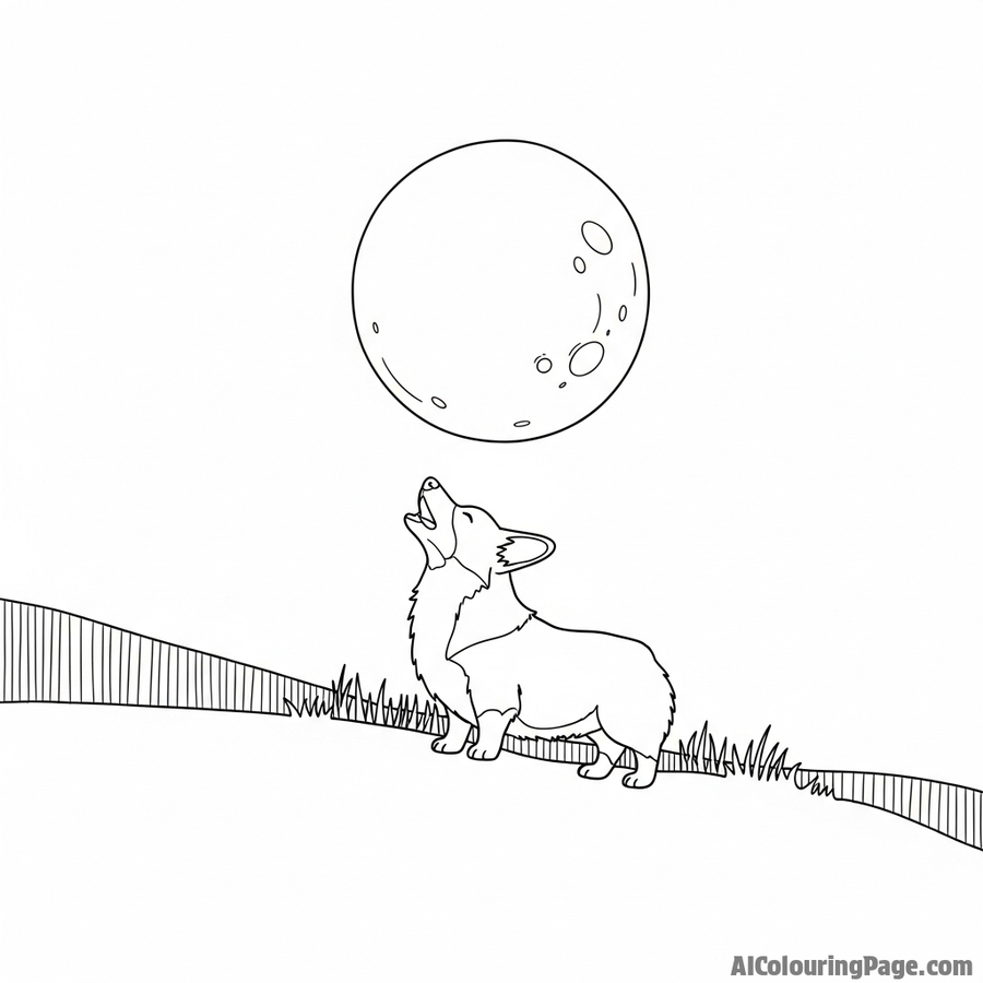 A corgi howling at a full moon from a shadowy hilltop.