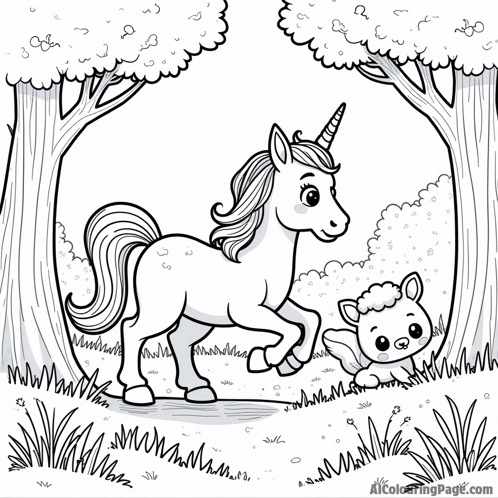 A unicorn playing hide-and-seek with adorable woodland creatures in a magical forest, creating a fun and engaging coloring scene.