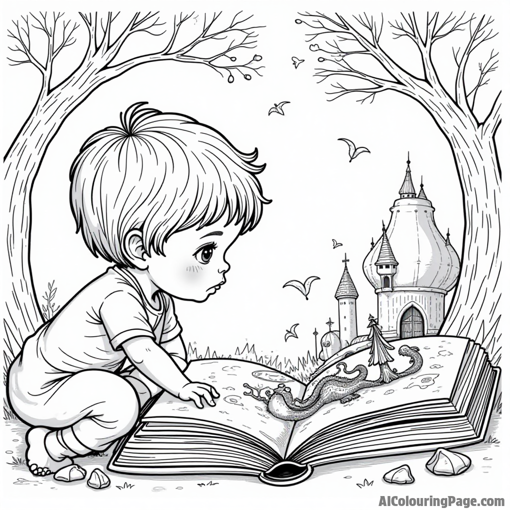 A curious child peering into a magical book that reveals hidden illustrations of enchanting creatures and places