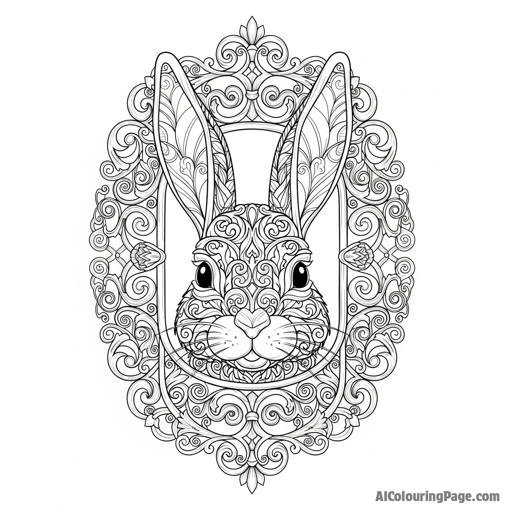 A bunny's face emerging from a pattern of intricate, swirling filigree metalwork.