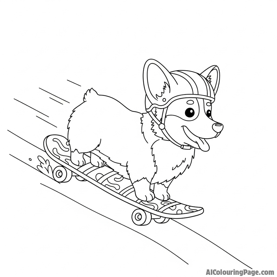 A corgi riding a skateboard down a gentle slope.