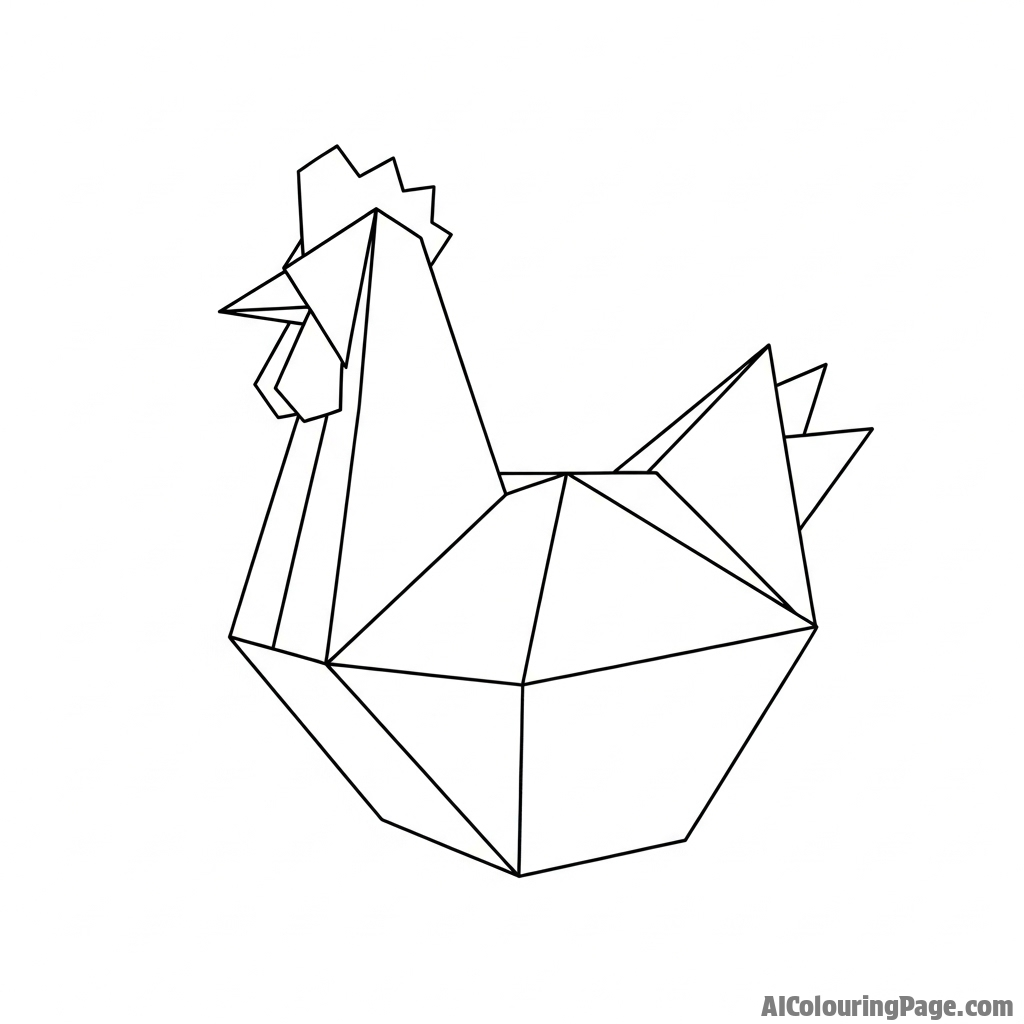 A papercraft, origami-style chicken on a plain background.