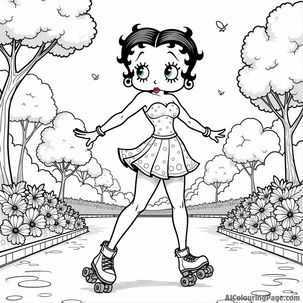 Betty Boop roller skating in a park with colorful flowers and trees while wearing a fun, retro outfit