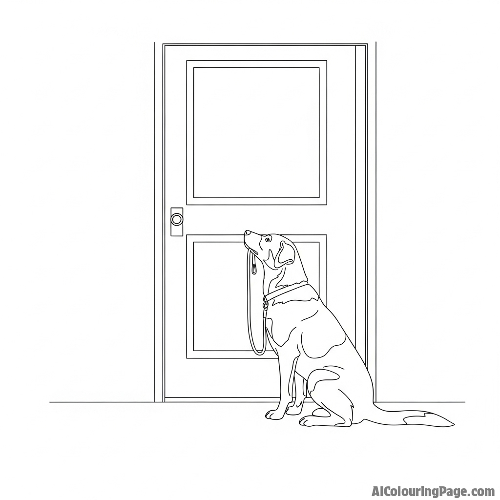A dog patiently waiting at the door, leash in its mouth.