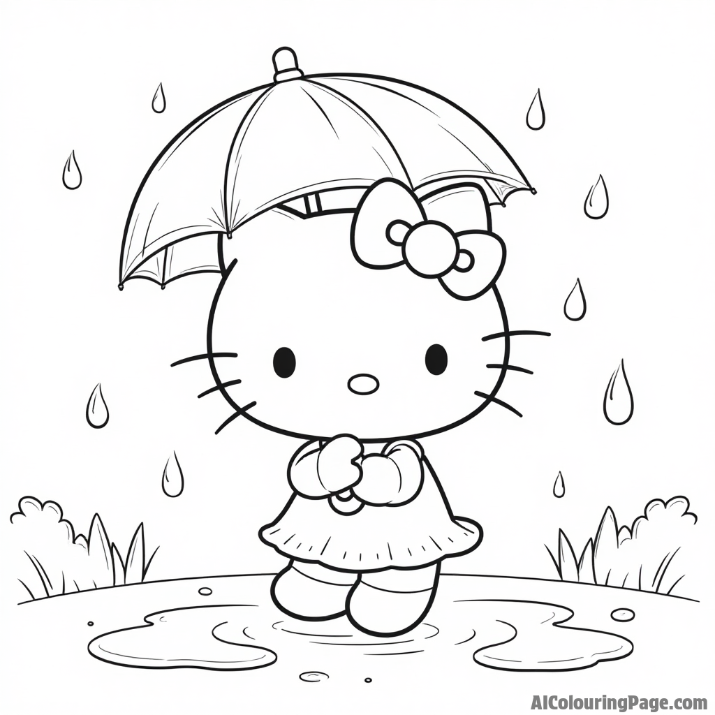 Hello Kitty enjoying a rainy day with an umbrella, puddles to jump in, and a cheerful rainbow appearing