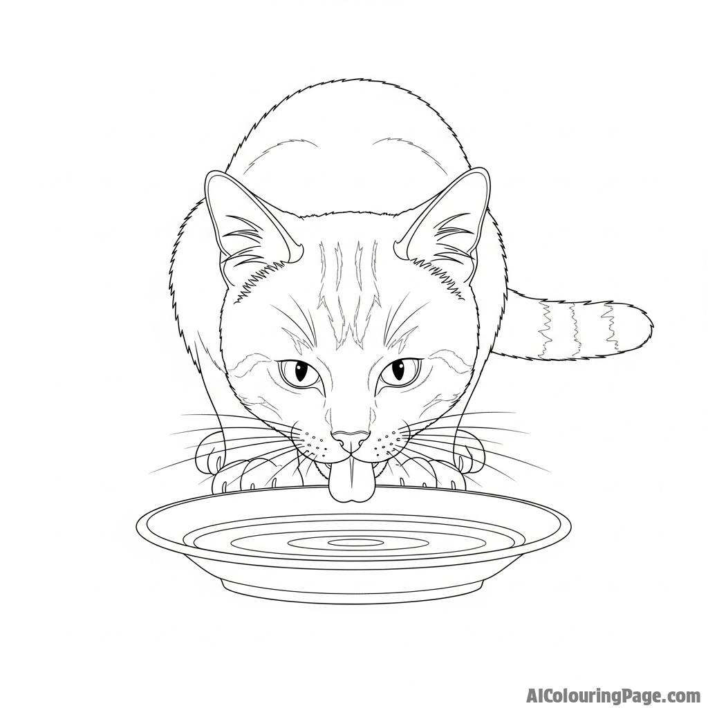 A cat drinking from a saucer, viewed from a low angle.