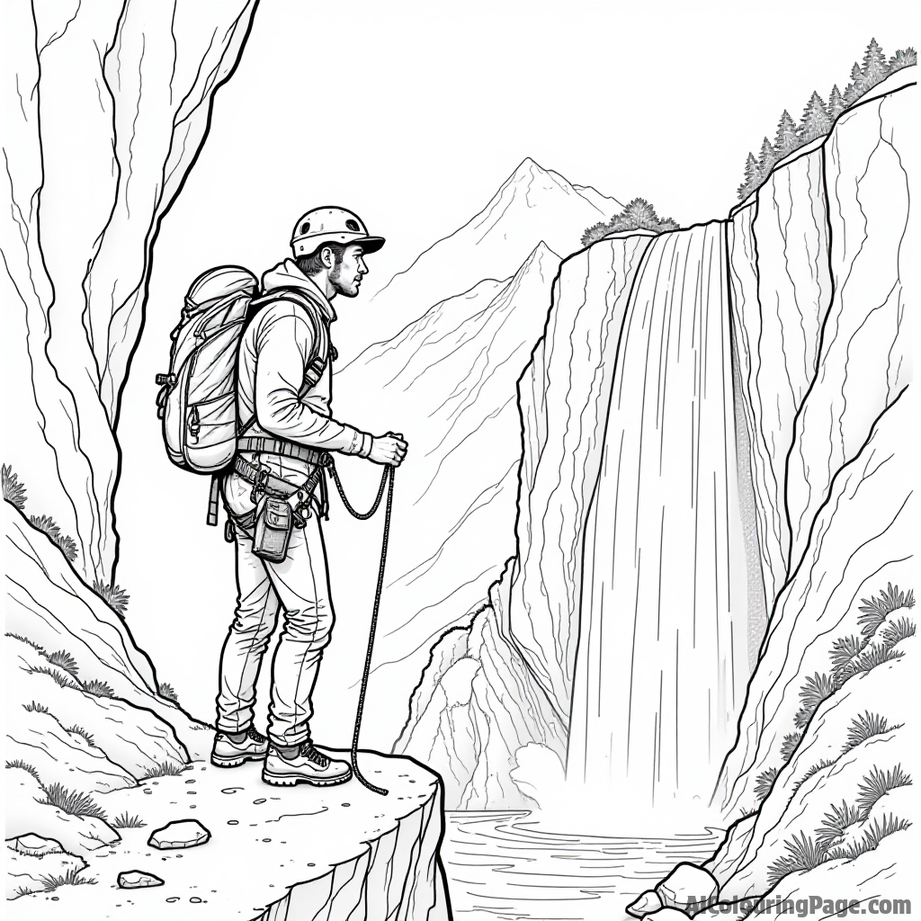 An experienced mountaineer using climbing gear, with a steep cliff and a beautiful waterfall cascading down the rocks, creating an exciting scene for young adventurers to color.