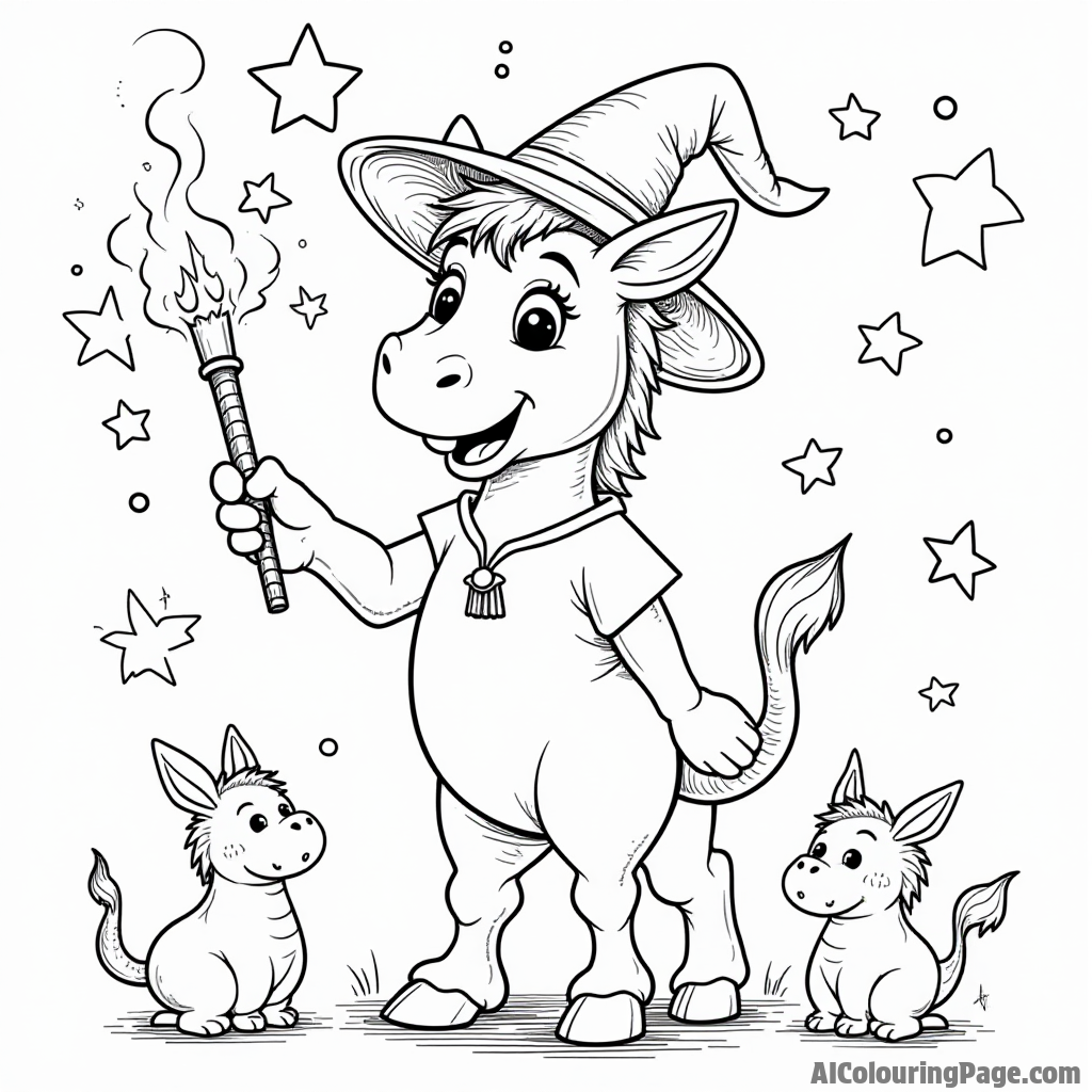 A donkey wearing a wizard hat, casting spells with a magic wand, surrounded by stars and magical creatures