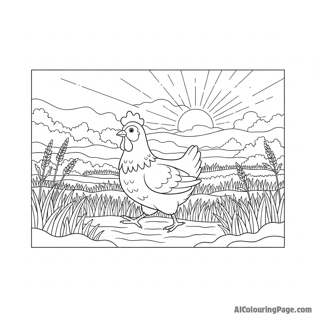 A chicken walking through a misty morning field.