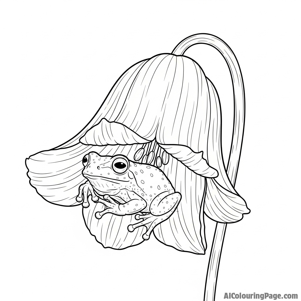 A tiny frog resting inside the bell of a large flower.
