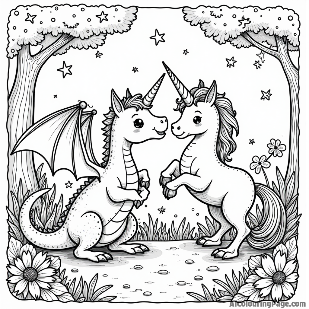 A dragon and a unicorn playing together in a magical glade filled with shimmering lights and enchanted plants.