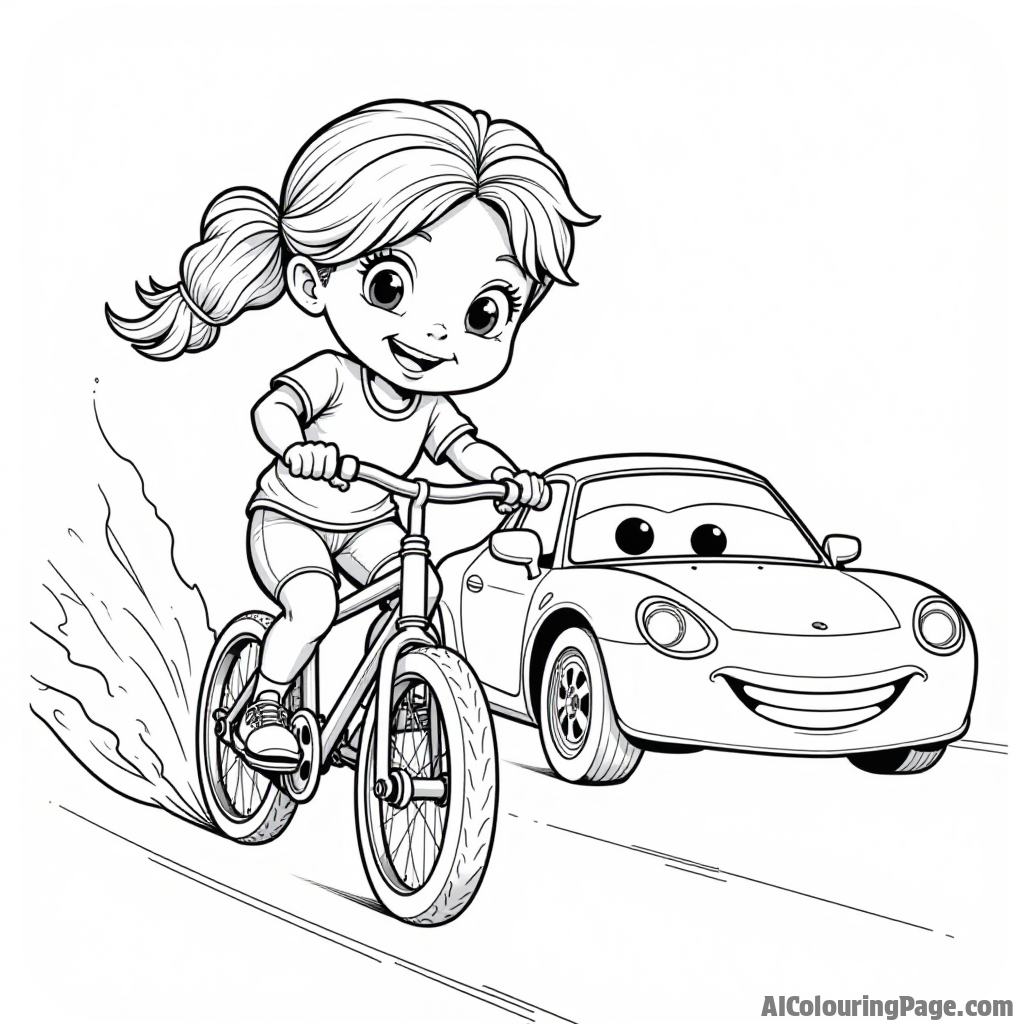 A young girl racing her bicycle against a cartoon race car, promoting sportsmanship and fun competition in a playful black and white coloring book illustration.