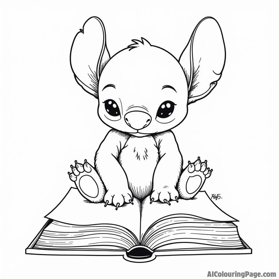 Stitch reading a book