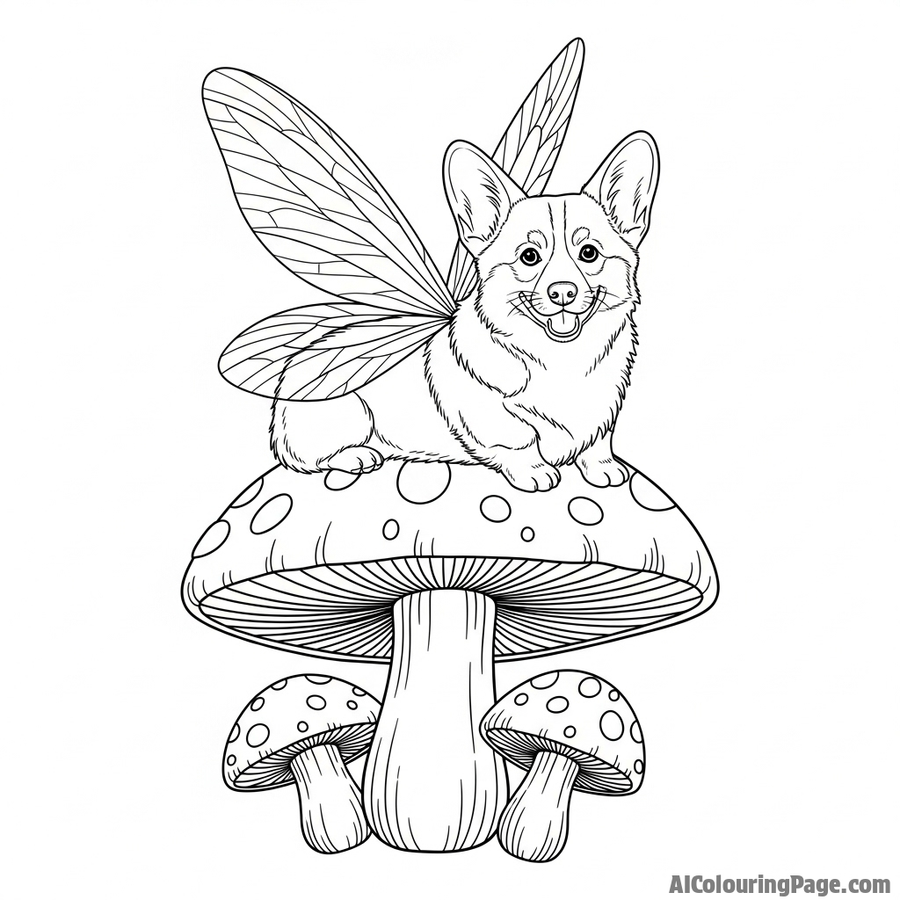 A corgi fairy with delicate, translucent wings resting on a large mushroom.