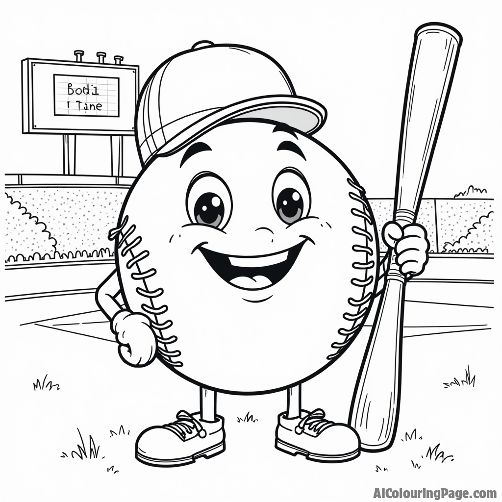 A cartoon baseball with a big smile, a bat leaning next to it, and a scoreboard showing a home run, designed for children to use their imagination and creativity.