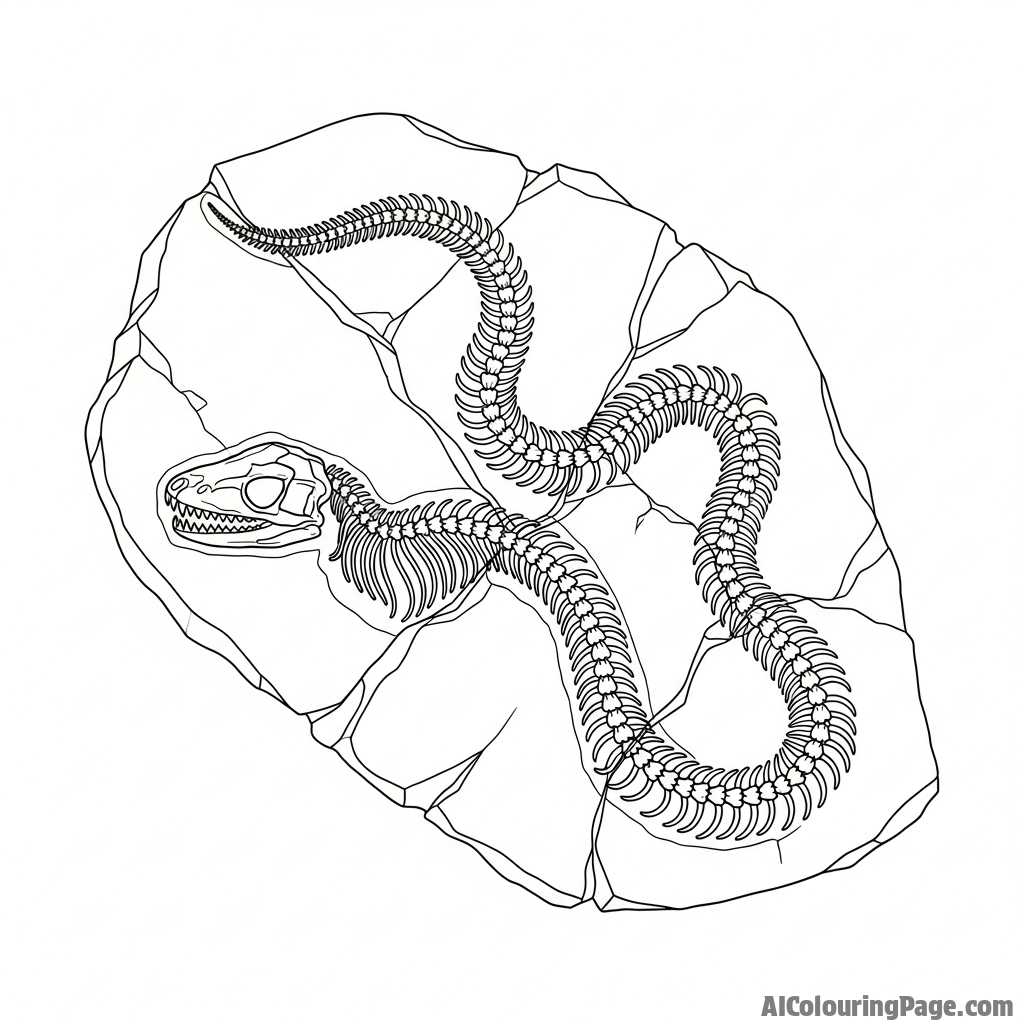 A skeletal snake fossil embedded in a slab of fractured stone.