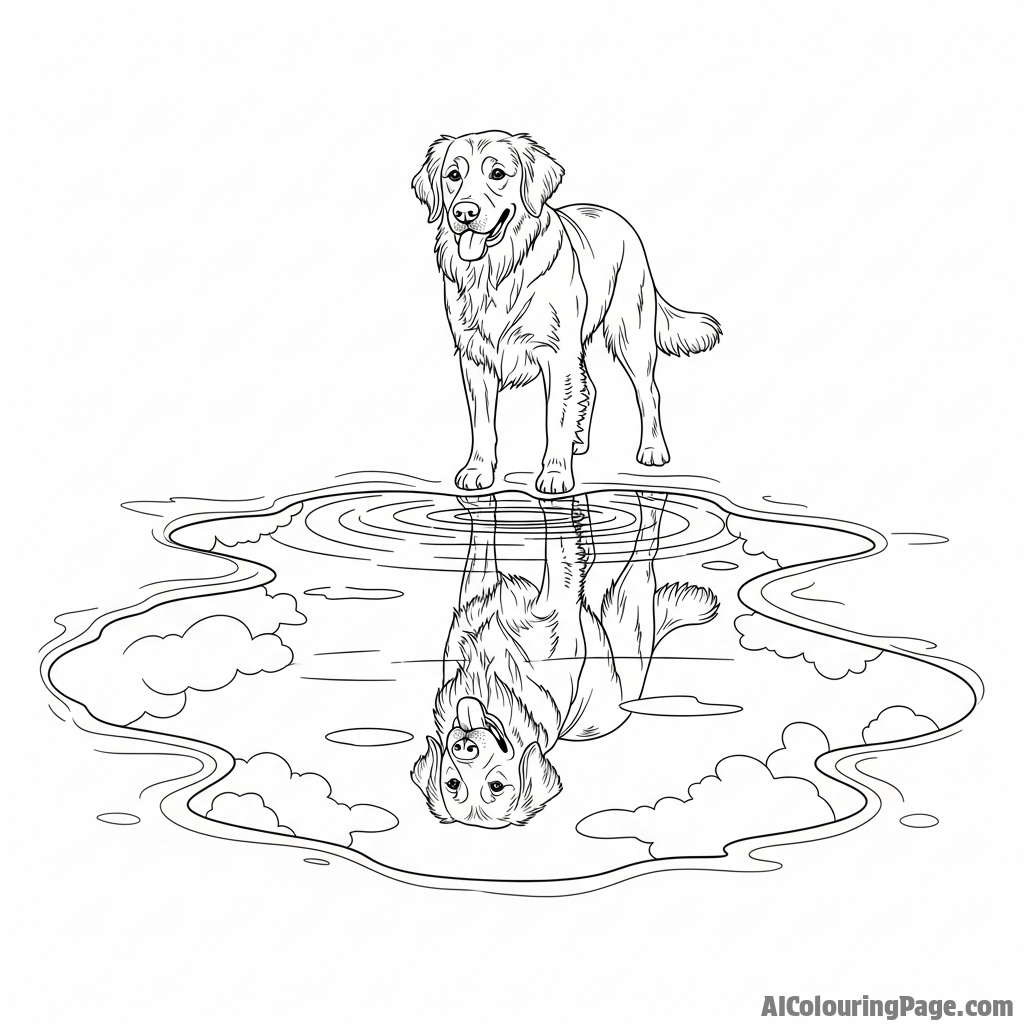A dog's reflection in a still puddle after a rainstorm.