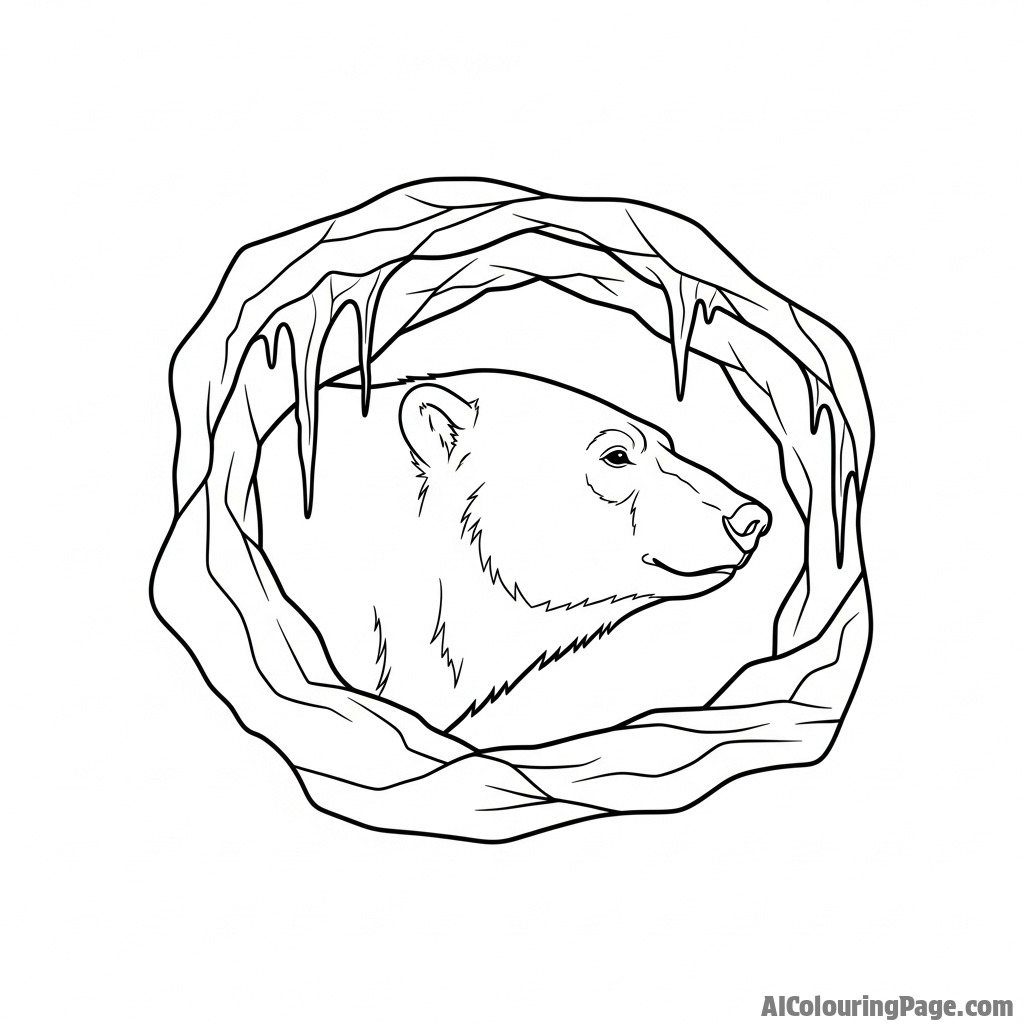 The silhouette of a polar bear's head seen through the opening of an ice cave.