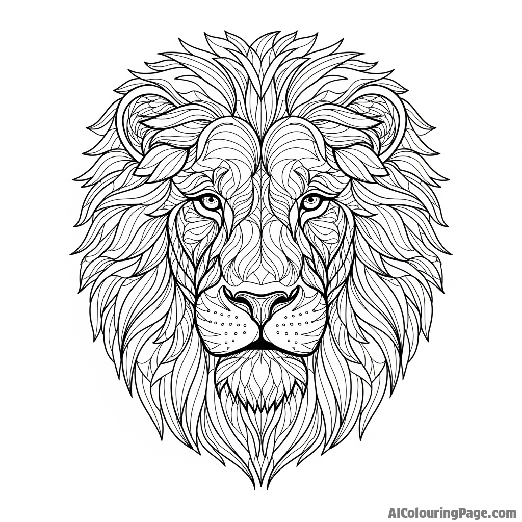 A lion's face composed of intricate, flowing calligraphic lines and patterns.