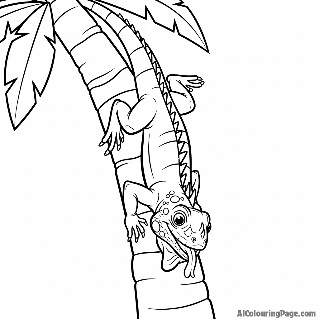 An iguana carefully descending a palm tree trunk headfirst.