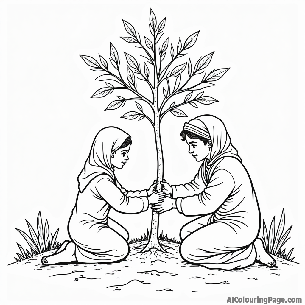 A family planting a tree together, representing growth and nurturing, symbolizing the values of caring and stewardship during Ramadan. Festivals and Traditions Coloring Sheets.