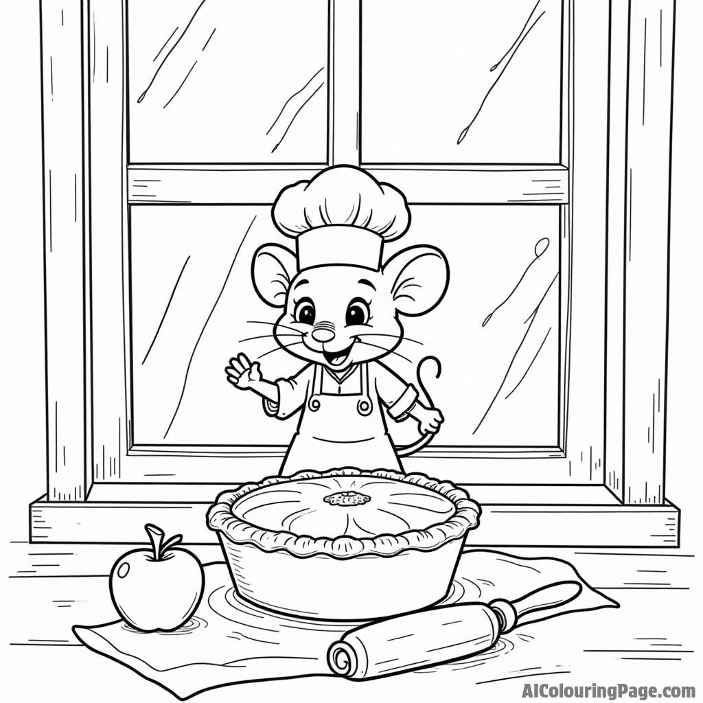 An apple pie cooling on a windowsill, with a smiling chef mouse, and a rolling pin beside it.