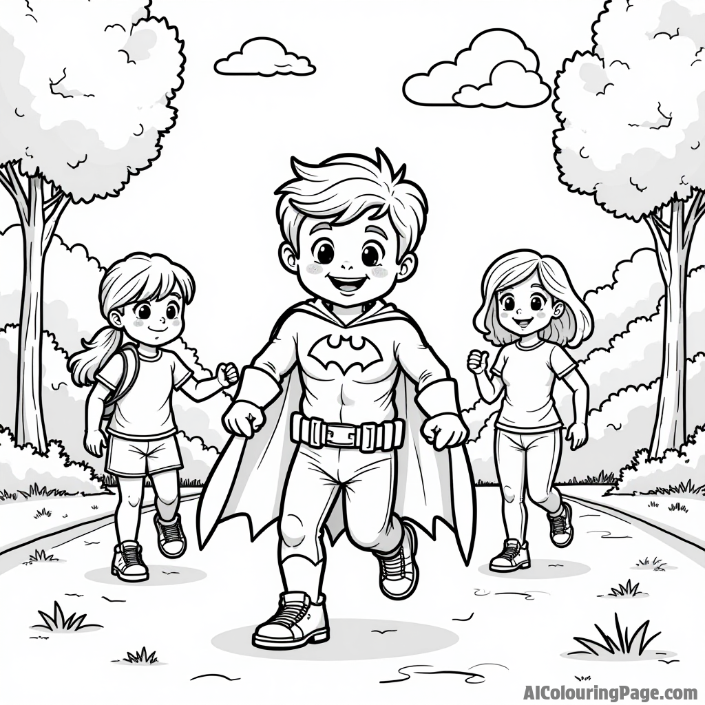 A young superhero dressed as Batman playing with a group of friends in a colorful park on a sunny day.