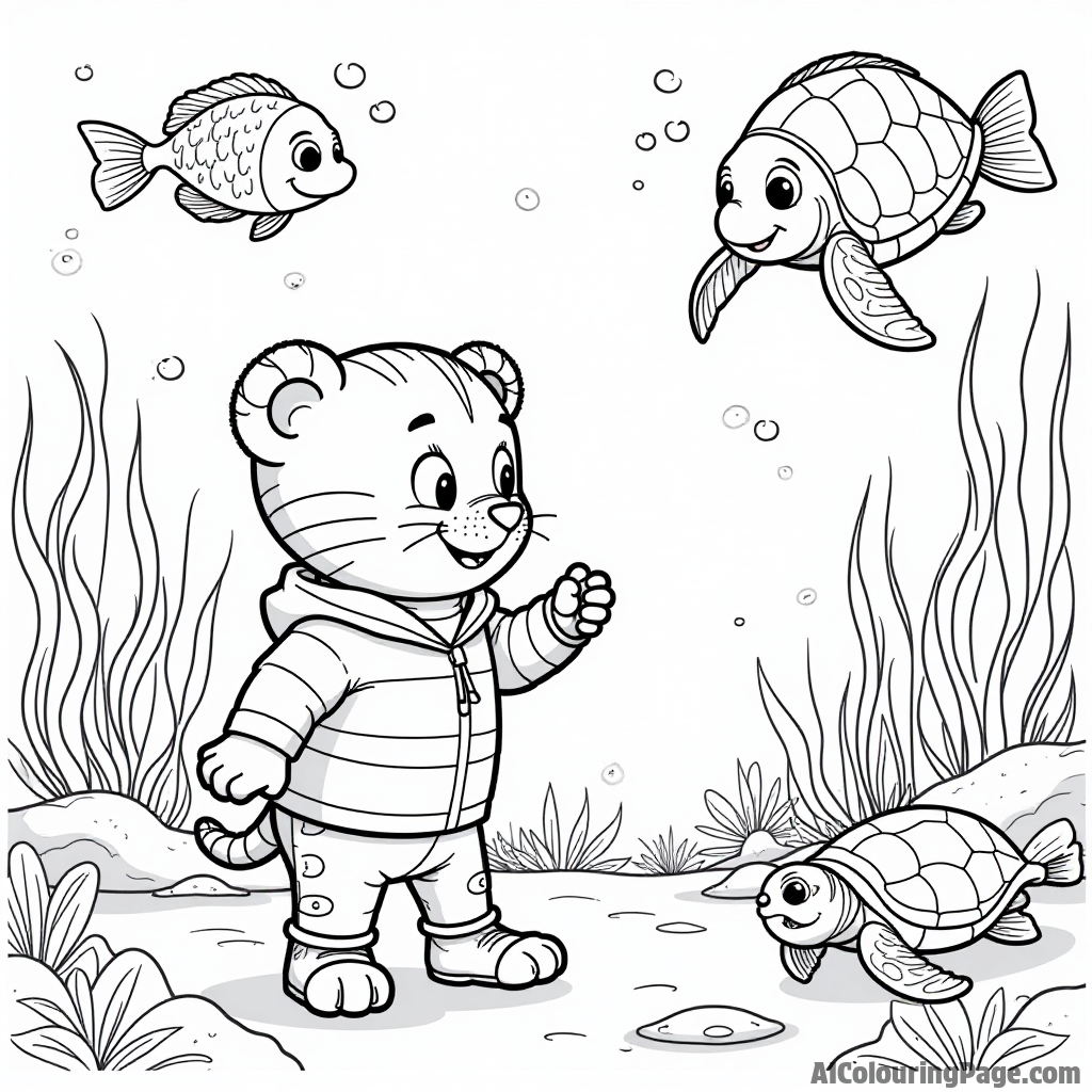 Daniel Tiger exploring an aquarium with colorful fish, a big octopus, and playful sea turtles swimming around happily.