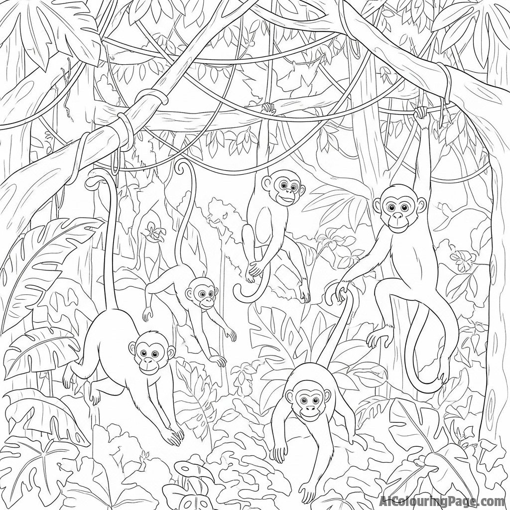 A troop of monkeys swinging through the dense jungle canopy, action shot.