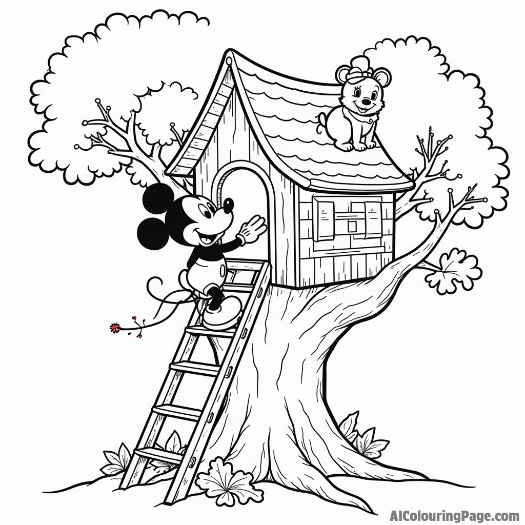 Mickey Mouse playing in a treehouse, climbing up a ladder with friends, surrounded by branches and leaves.