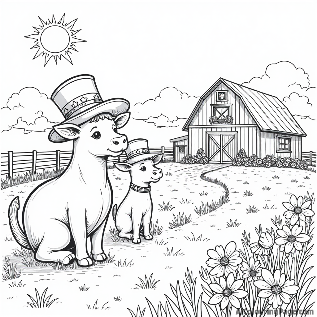 A charming farm scene with animals wearing patriotic hats, enjoying a sunny day surrounded by fields of flowers and a barn decorated for the 4th of July.