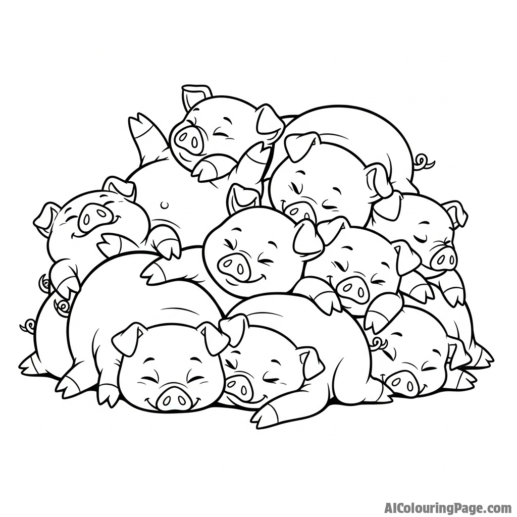 A scene of multiple pigs sleeping in a pile, a tangle of limbs and snouts.