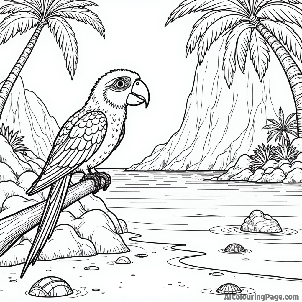 A colorful parrot perched on Moana's shoulder while she explores a hidden cove filled with treasures and shells.