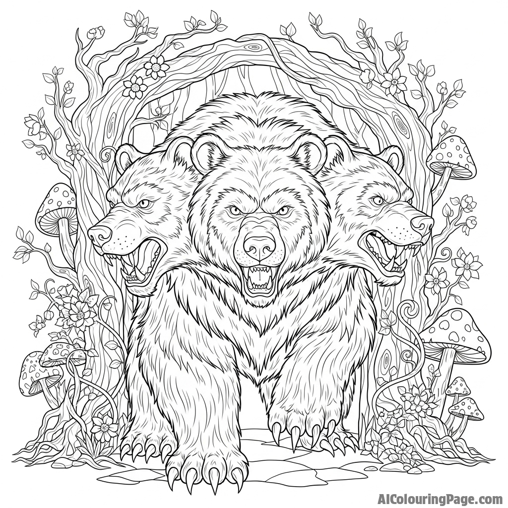A mythological bear with multiple heads, guarding a magical forest.