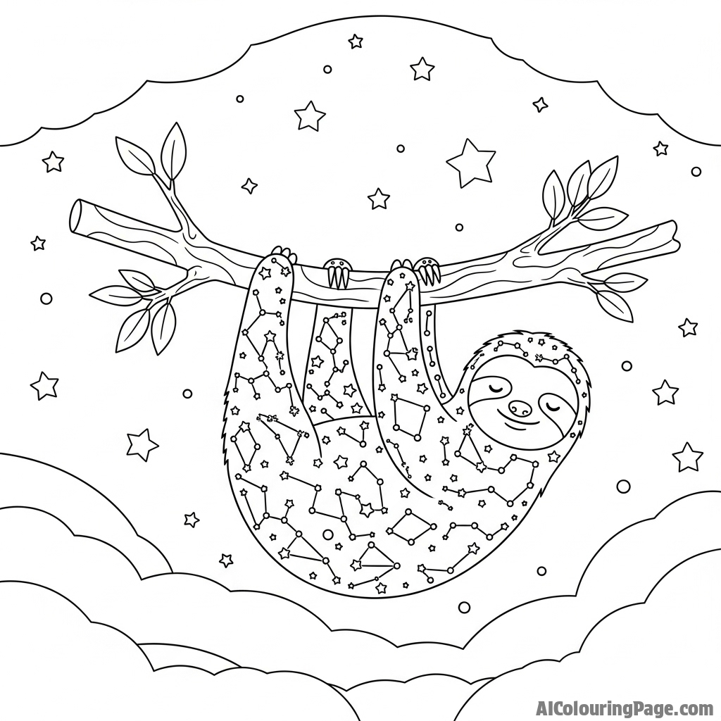 A sloth made of constellations, hanging in a starry night sky.