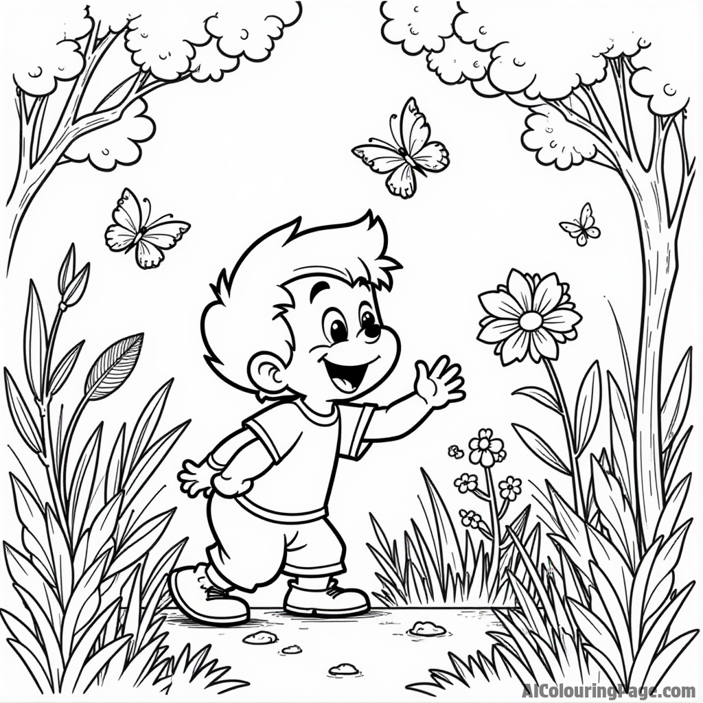 Johnny Bravo playing hide and seek in a colorful garden with flowers and butterflies