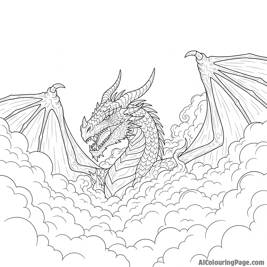 A cinematic shot of a dragon emerging from a dense fog bank.