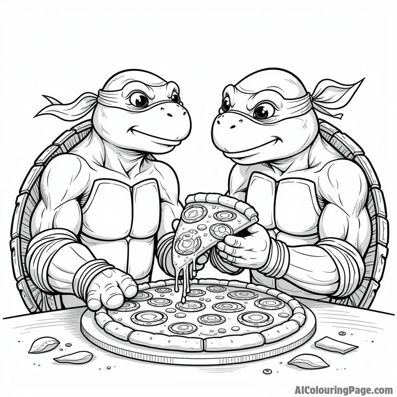 Ninja Turtle eating pizza with friends