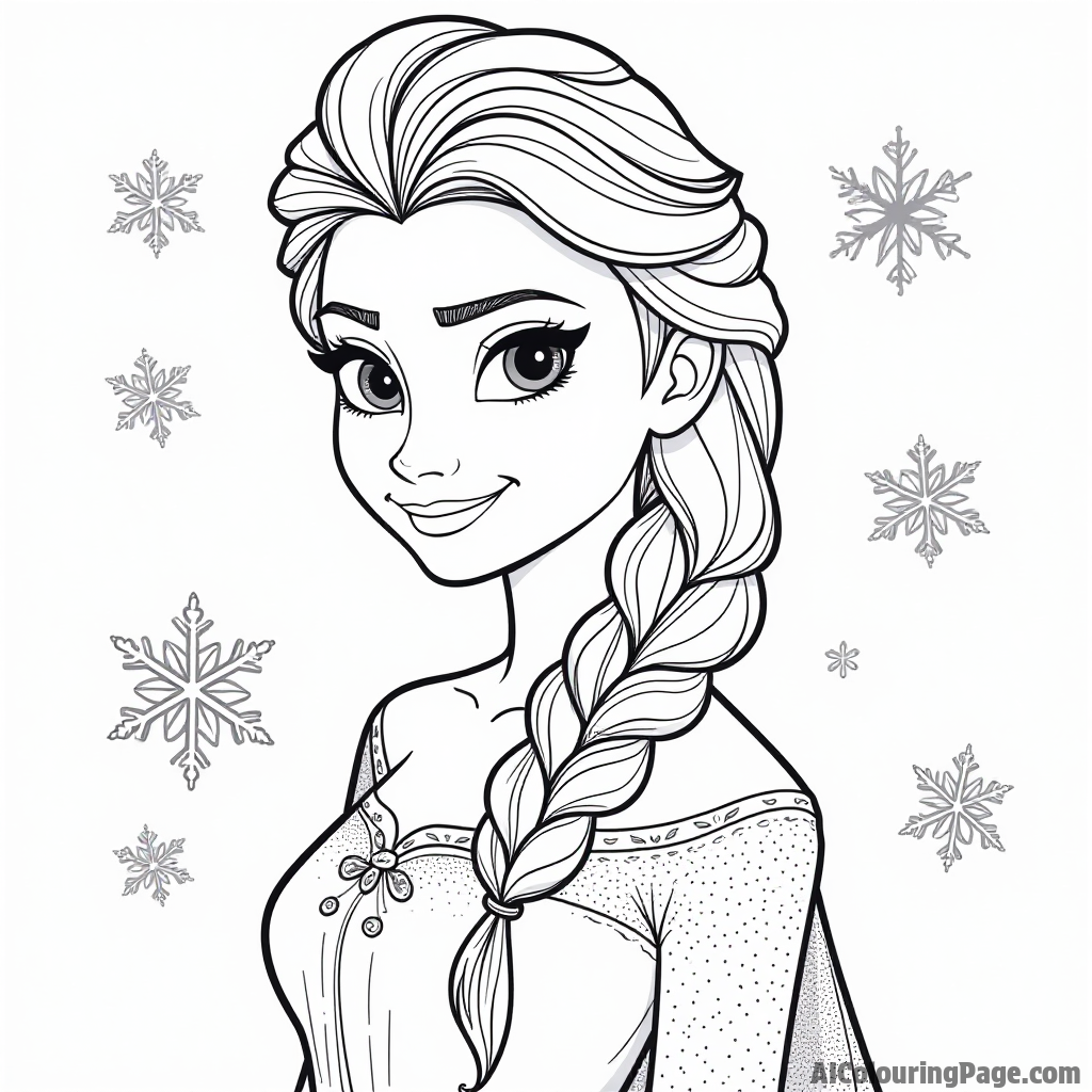 Elsa with her long braid, surrounded by swirling snow swirls