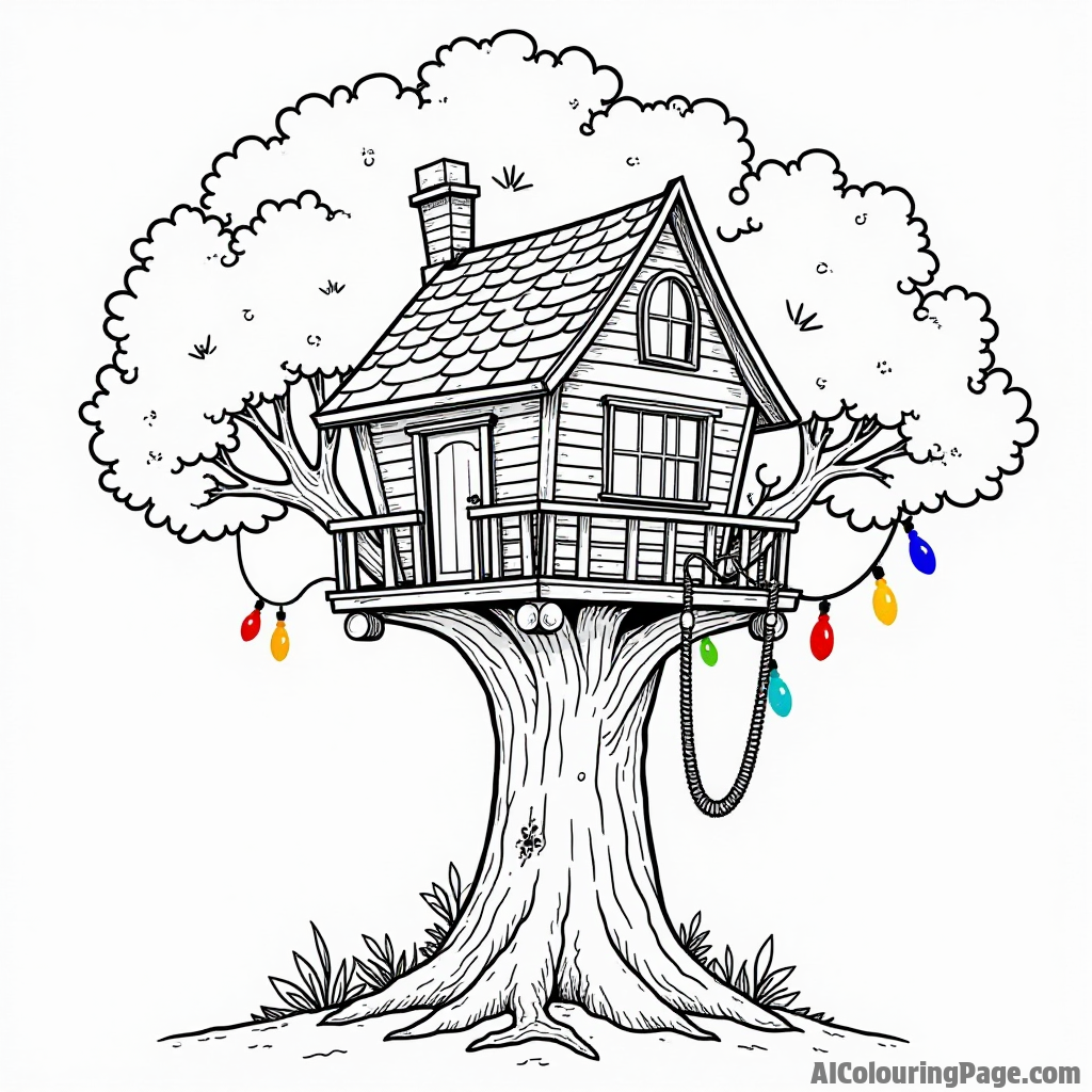 A whimsical treehouse built high in a tree, adorned with colorful lights and a rope ladder leading up