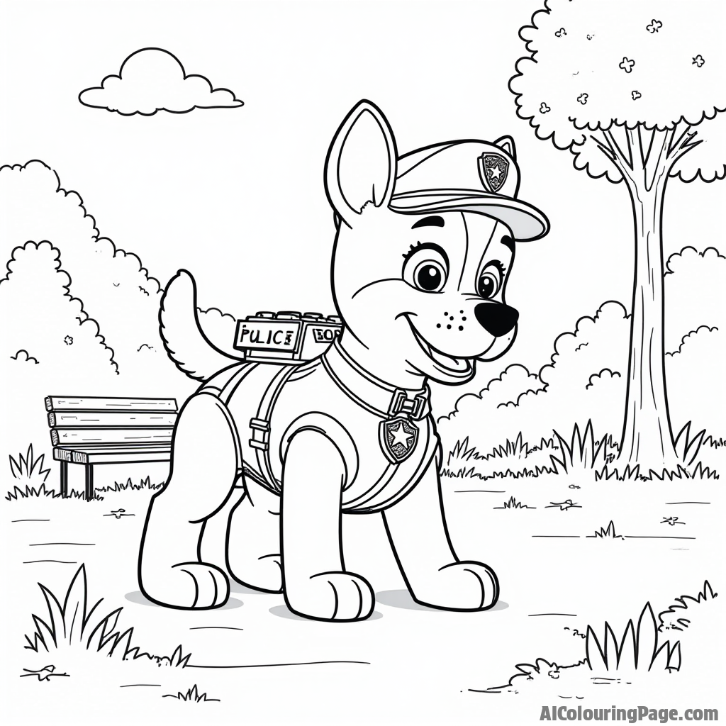 A Lego police dog in action, wearing a tiny vest, sniffing around a Lego park with trees and benches, ready for kids to bring to life with colors.