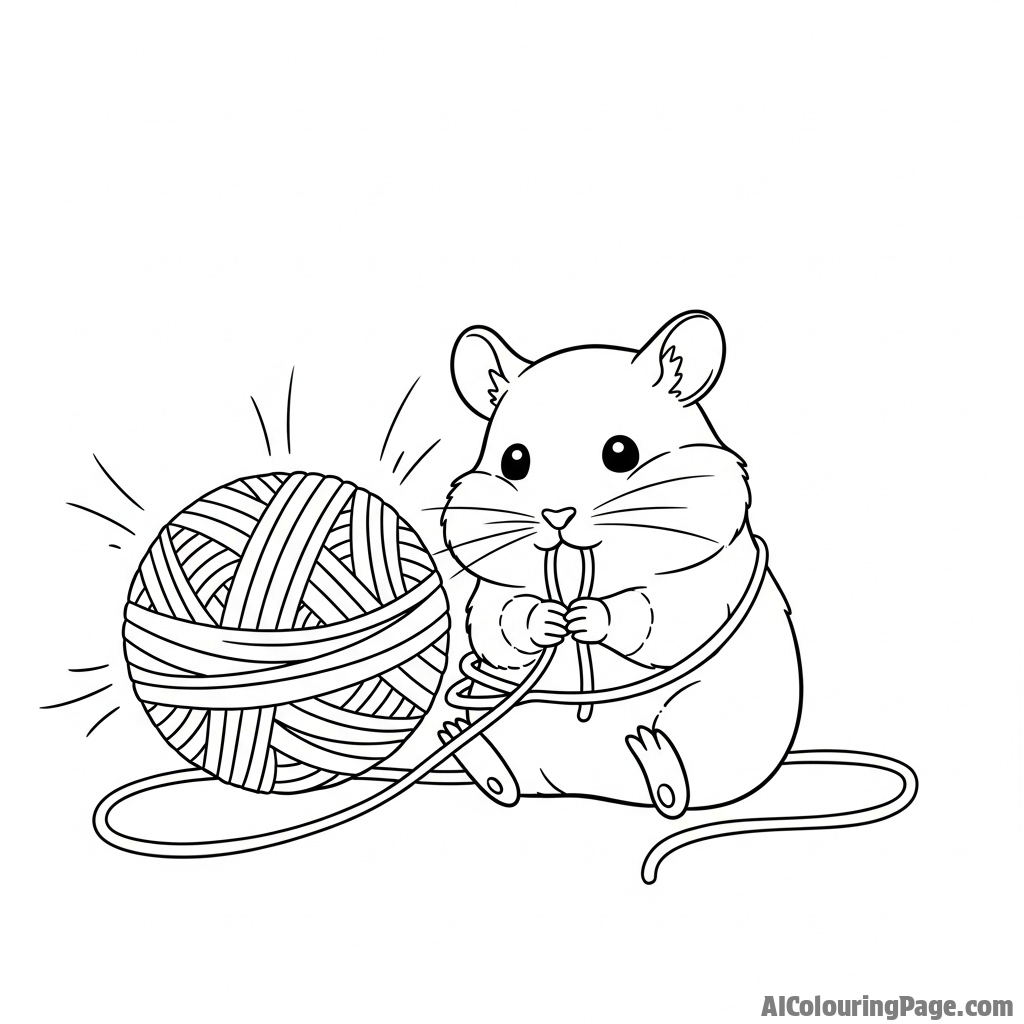 A hamster tangled playfully in a piece of yarn