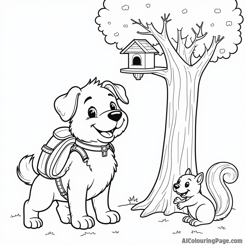 A cheerful puppy with a backpack stands next to a tall tree, with a birdhouse and a friendly squirrel nearby.