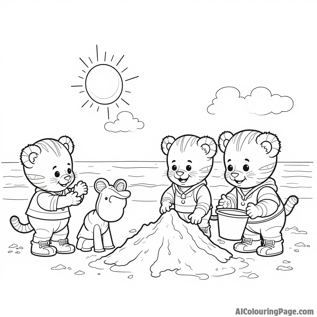 Daniel Tiger and his friends enjoying a fun day at the beach, building sandcastles with buckets and spades under the sun.