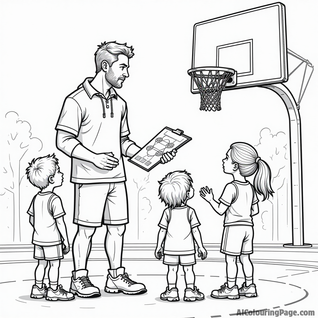 A basketball coach giving instructions to kids on the court, with a basketball hoop and a play diagram on a clipboard, creating an engaging scene for young artists.