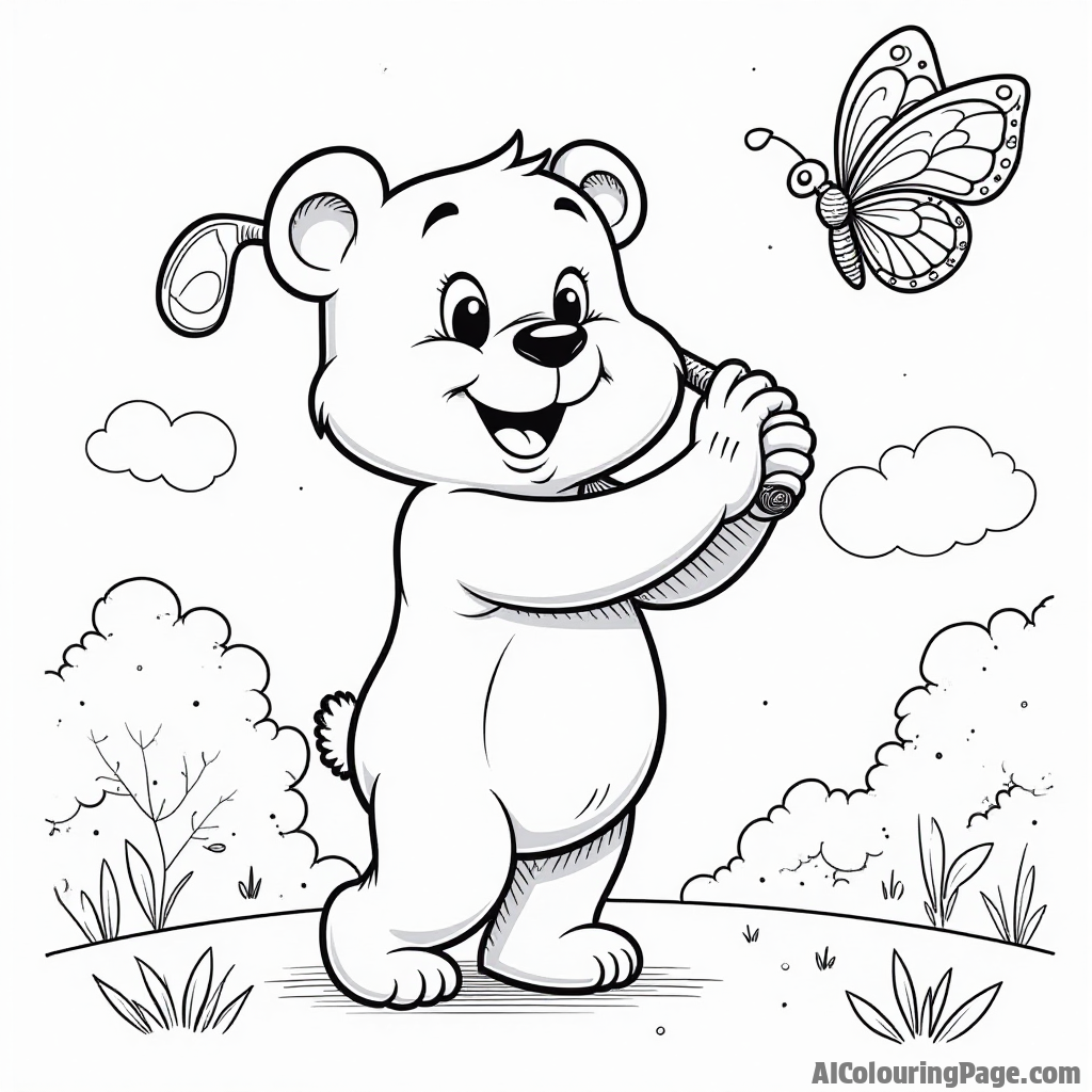 A friendly cartoon bear playing golf, swinging a club with a big smile on his face, while a colorful butterfly flutters nearby on a sunny day.