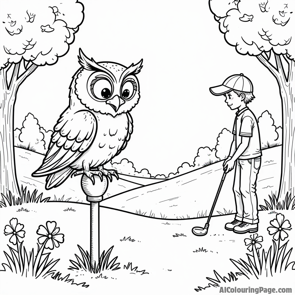 A friendly owl perched on a golf tee, watching a golfer putt, surrounded by whimsical trees and flowers, creating a magical scene for kids to color joyfully.