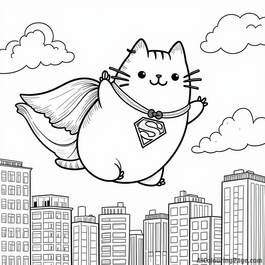 Pusheen dressed as a superhero flying above a city skyline with a cape fluttering in the wind and a smile