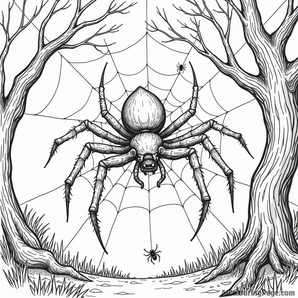 A giant spider sitting in the middle of its web with a few tiny insects caught and a spooky tree nearby.