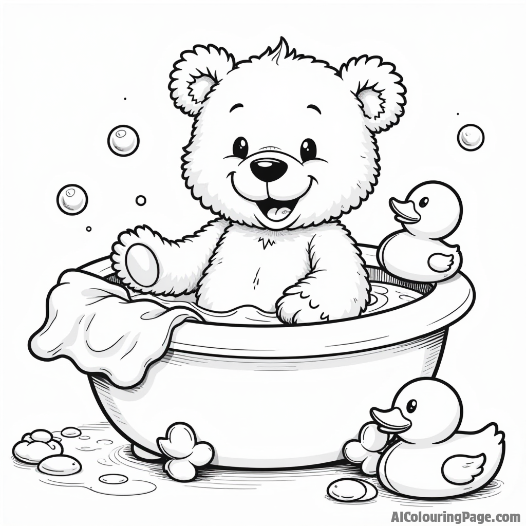 A teddy bear taking a bubble bath, surrounded by rubber ducks and a fluffy towel, providing a fun and playful scene for young artists to color.